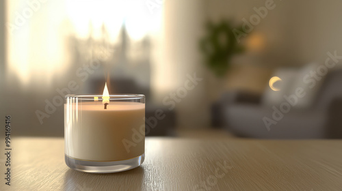 A serene candle burns softly on a wooden table, casting a warm glow in a cozy, softly lit room.