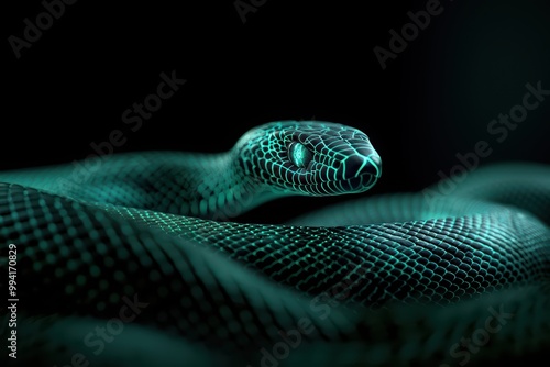 A detailed close-up of a green snake with a shimmering scale pattern.