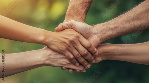 Diverse hands joining together in unity and support, against a natural background