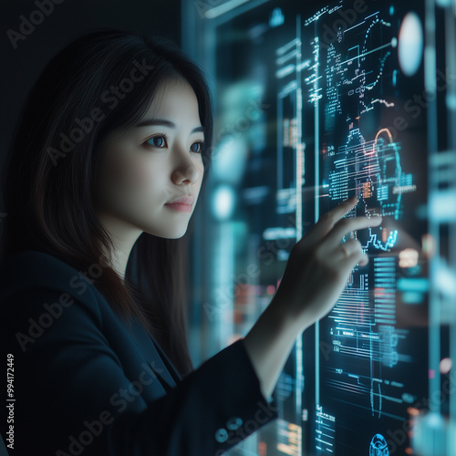asian business woman looking at and interacting with 3d hologram of data and statistics in the office place