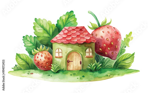 Watercolor strawberry house. Cute illustration with a small house in the leaves, on white background