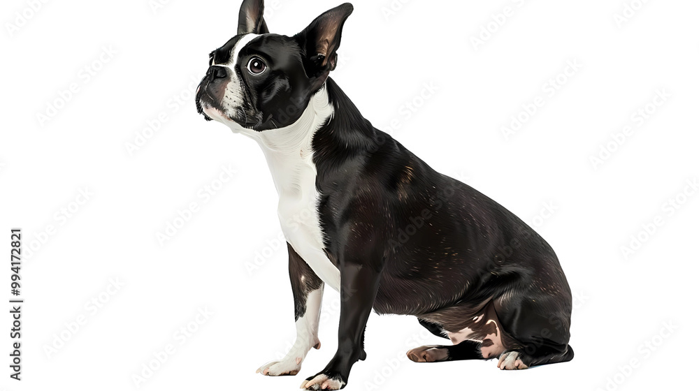 A shot of a boston terrier side profile on a white background, png file, Generative AI illustrations. A shot of a boston terrier side profile on a white background, png file, Generative AI illustrations.