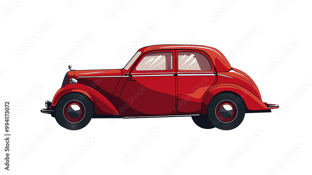 A cute simple flat vector illustration of an old red car on transparent background, png file, Generative AI illustrations. A cute simple flat vector illustration of an old red car on transparent background, png file, Generative AI illustrations.