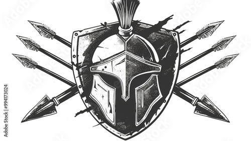illustrations of a spartan helmet on top of rounded spartan shield crossed with spartan spears, vector art, simple design, white background, png file, Generative AI illustrations. 