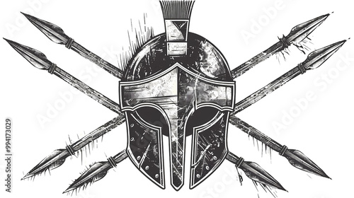 illustrations of a spartan helmet on top of rounded spartan shield crossed with spartan spears, vector art, simple design, white background, png file, Generative AI illustrations. 