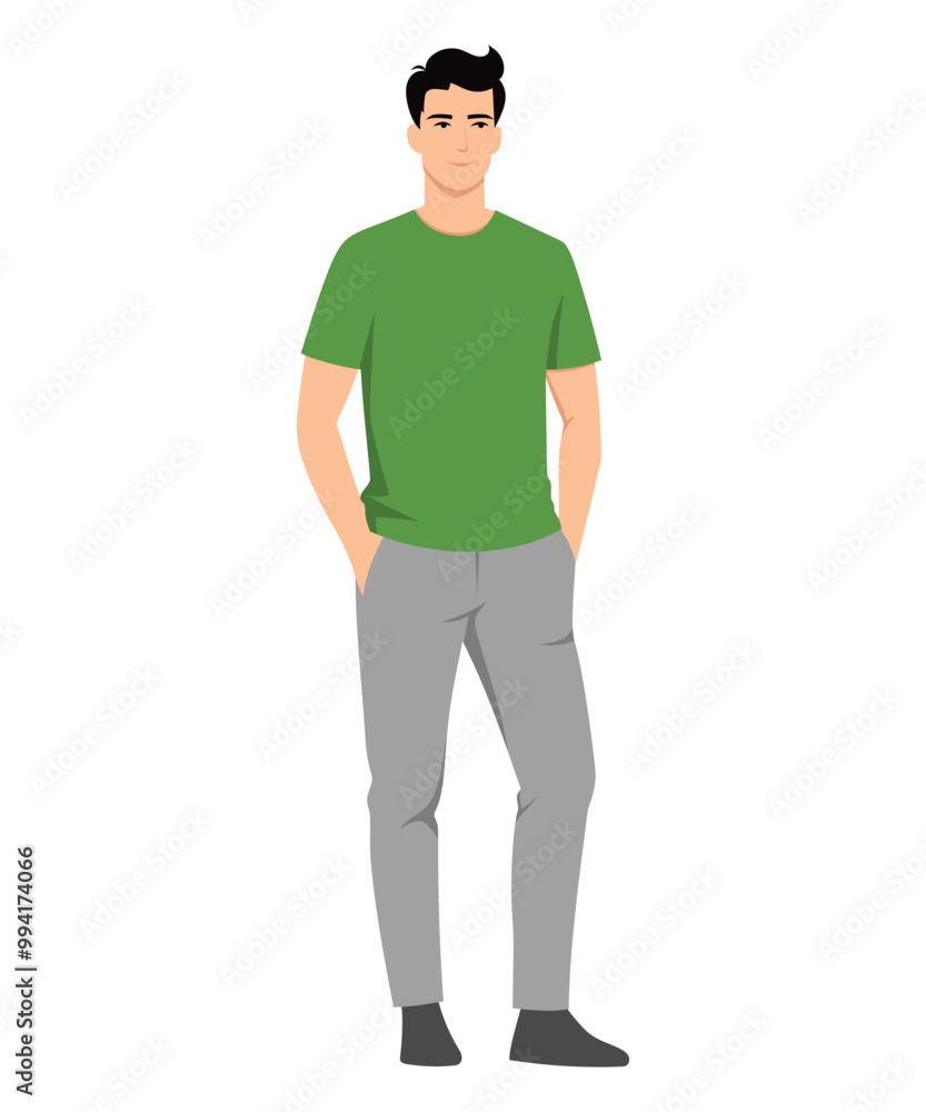 Vector illustration of a man wearing a green t-shirt and gray pants, complemented by casual sneakers. Vector illustration of a man wearing a green t-shirt and gray pants, complemented by casual sneakers.