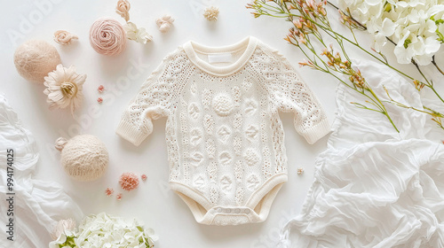 A delicate baby onesie surrounded by soft flowers and textures, creating a serene, whimsical atmosphere for newborn fashion.