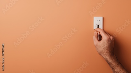 Hand plugging in a device into an electrical outlet on a warm orange wall.