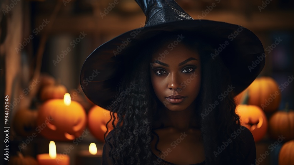 African American woman dressed as a witch on Halloween background African American woman dressed as a witch on Halloween background
