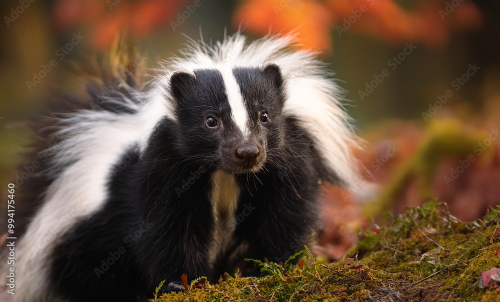 Close up of a skunk in the wild in autumn with room for text Close up of a skunk in the wild in autumn with room for text