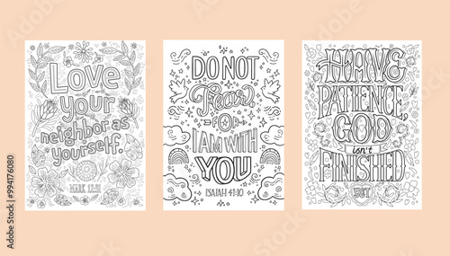 Set of christian religious coloring pages for children and adults. Printable lettering.