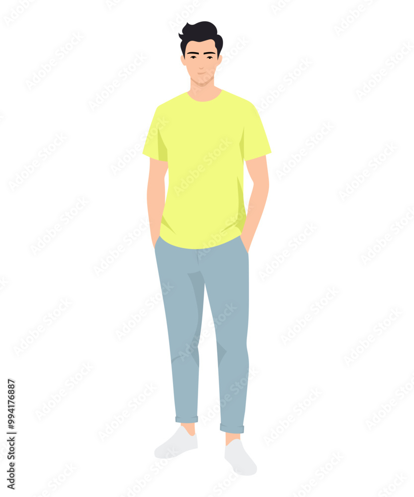 Vector illustration of a man in a yellow t-shirt and light pants is the best choice for sunny weather and an active day. Vector illustration of a man in a yellow t-shirt and light pants is the best choice for sunny weather and an active day.