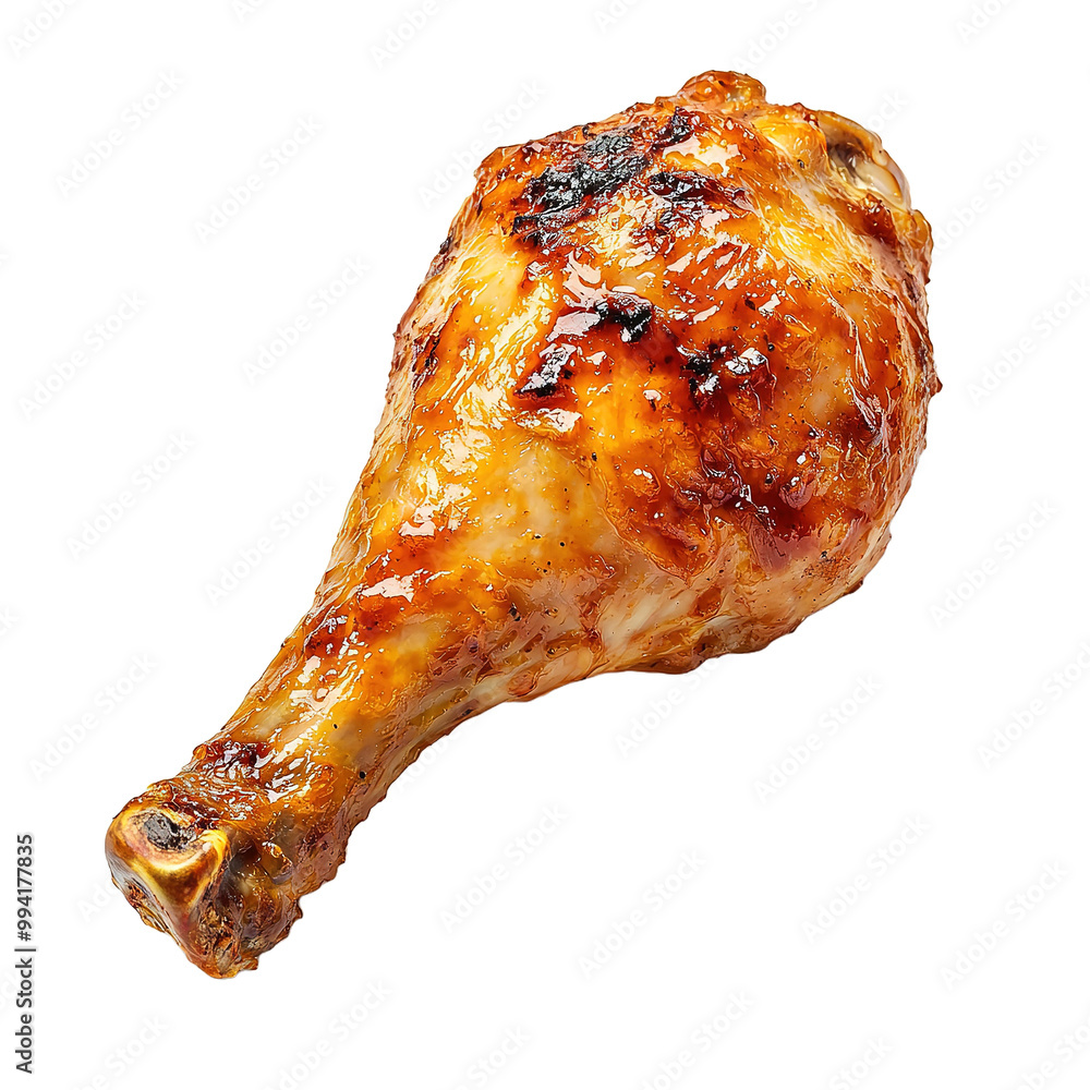 Close-up of juicy, top View, delicious-looking chicken drumstick with sauce on a transparent background Close-up of juicy, top View, delicious-looking chicken drumstick with sauce on a transparent background