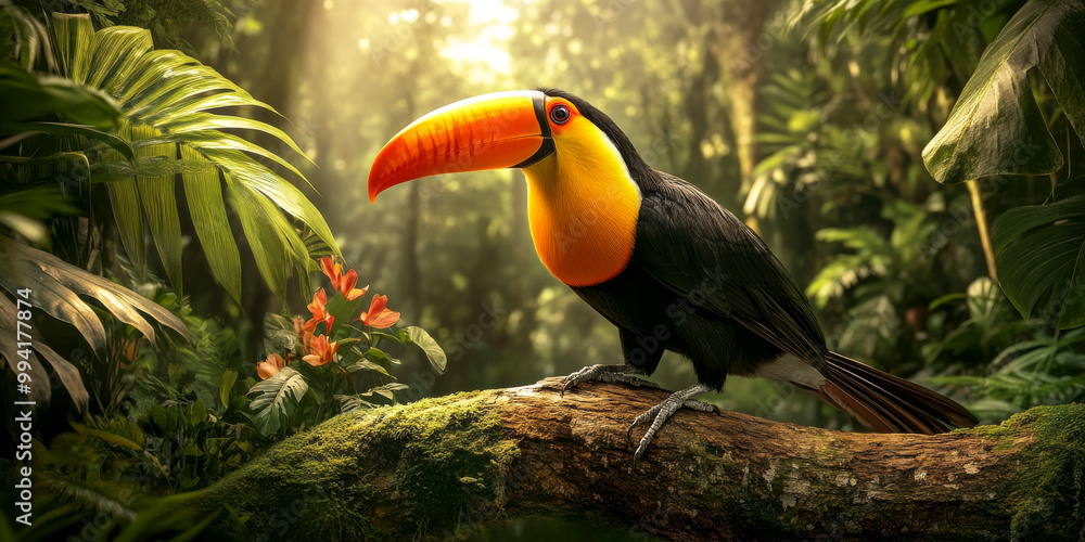 Fototapeta premium Toucan in Tropical Paradise: A vibrant toucan perched on a moss-covered branch, bathed in the warm sunlight filtering through lush rainforest foliage.