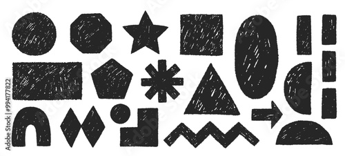 Stickers with abstract geometric shapes in pencil or crayon style. Elements of the sketch in the hand drawn style. Children's vector illustration