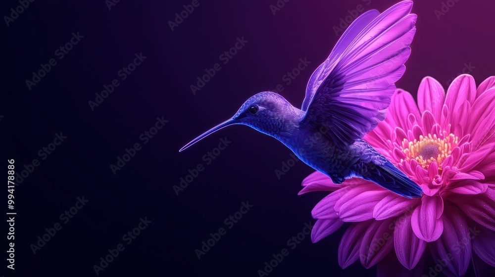 Fototapeta premium Vibrant hummingbird hovering over a colorful flower, dark background.