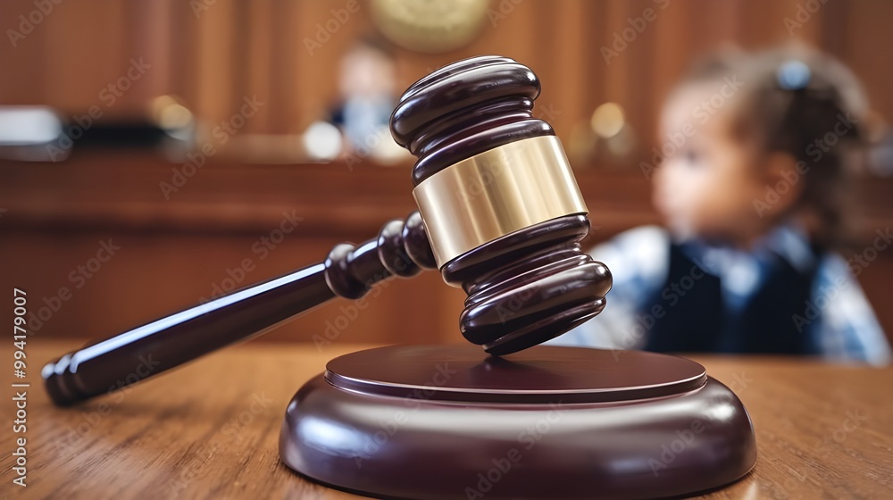 Courtroom gavel on a wooden table, highlighting child custody, with a blurred child figure in the background. Courtroom gavel on a wooden table, highlighting child custody, with a blurred child figure in the background.
