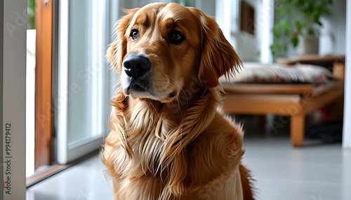 Charming golden retriever striking a pose indoors, showcasing loyalty and obedience with an expressive gaze in an innovative AI-generated scene.