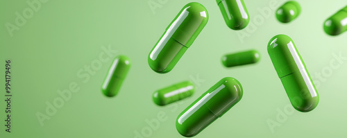 Factory emitting green energy as pharmaceutical capsules are produced, showcasing eco-friendly manufacturing