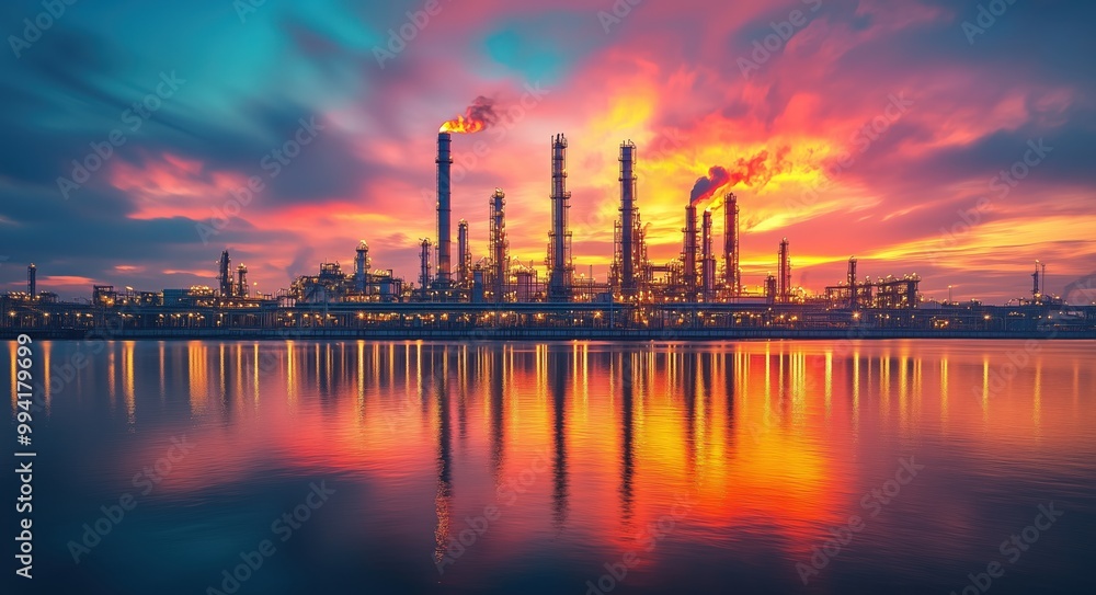Naklejka premium Oil refinery plant with glowing gas and steamscarers