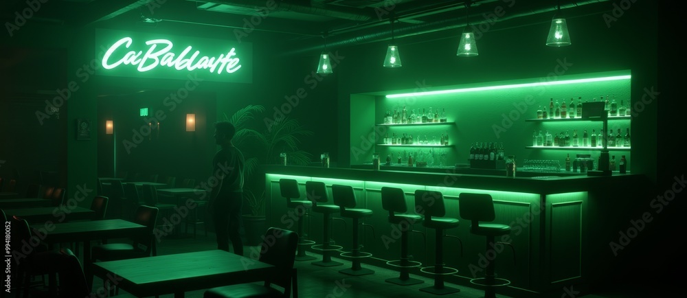 A neon-lit bar with a glowing green neon sign and a silhouette of a person standing. The modern interior design and moody lighting create a trendy nightlife ambiance. A neon-lit bar with a glowing green neon sign and a silhouette of a person standing. The modern interior design and moody lighting create a trendy nightlife ambiance.