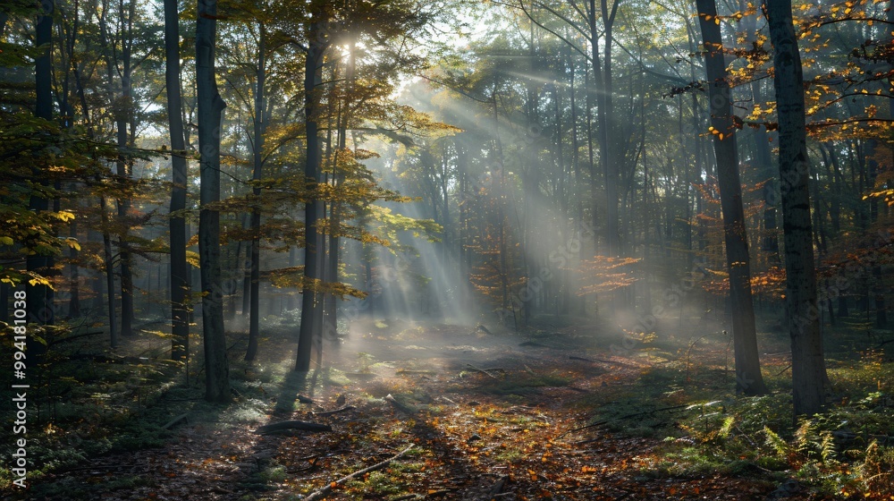 Fototapeta premium Autumn foggy forest with light rays
