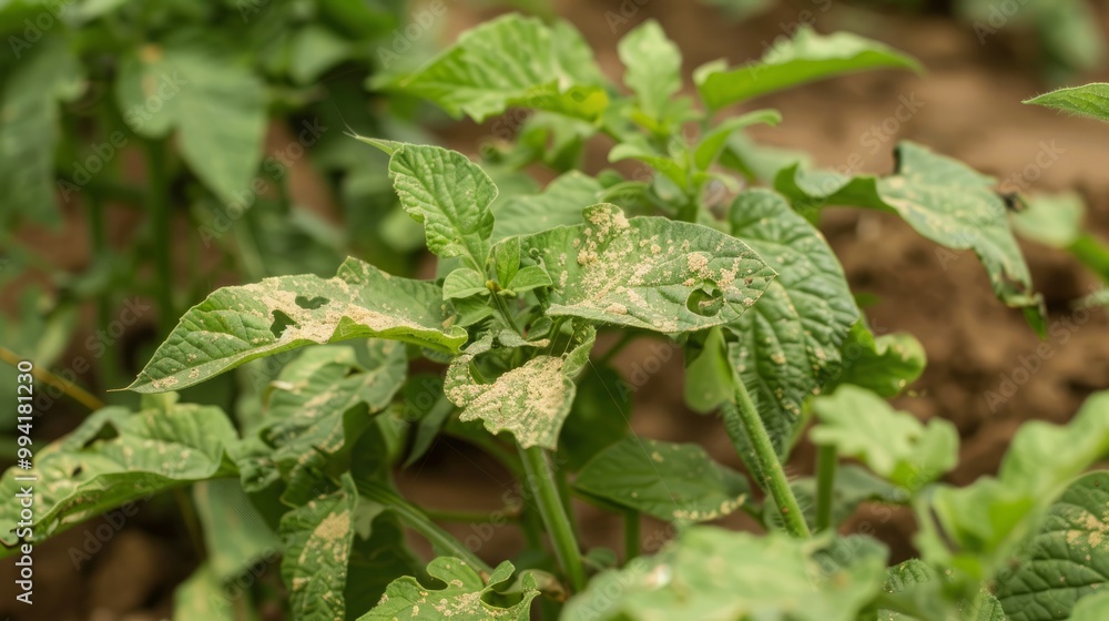Potato Plants with Leaf Damage and Holes from Beetles, Looper Caterpillars, Slugs, Snails, and Grasshoppers: A Close-Up of Multi-Pest Infestation Impacting Plant Health Potato Plants with Leaf Damage and Holes from Beetles, Looper Caterpillars, Slugs, Snails, and Grasshoppers: A Close-Up of Multi-Pest Infestation Impacting Plant Health