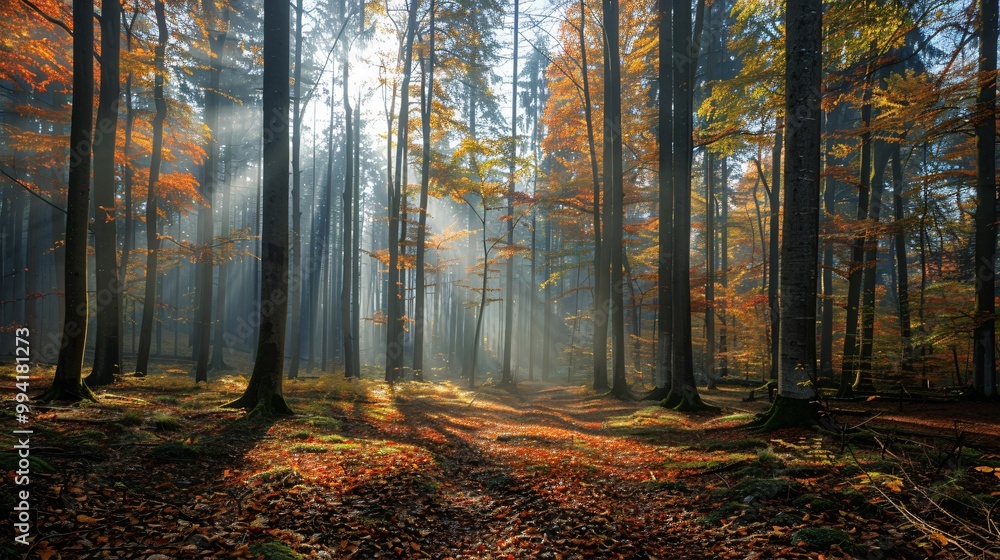 Fototapeta premium Autumn foggy forest with light rays