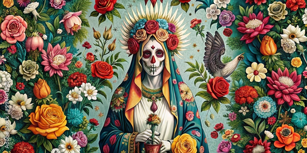 Elegant White Santa Muerte Wallpaper with Floral Accents and Intricate Design for Spiritual Spaces Elegant White Santa Muerte Wallpaper with Floral Accents and Intricate Design for Spiritual Spaces