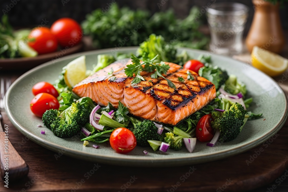 grilled salmon fish fillet and fresh green leafy vegetables grilled salmon fish fillet and fresh green leafy vegetables