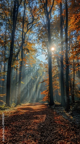 Fall foggy forest with light rays