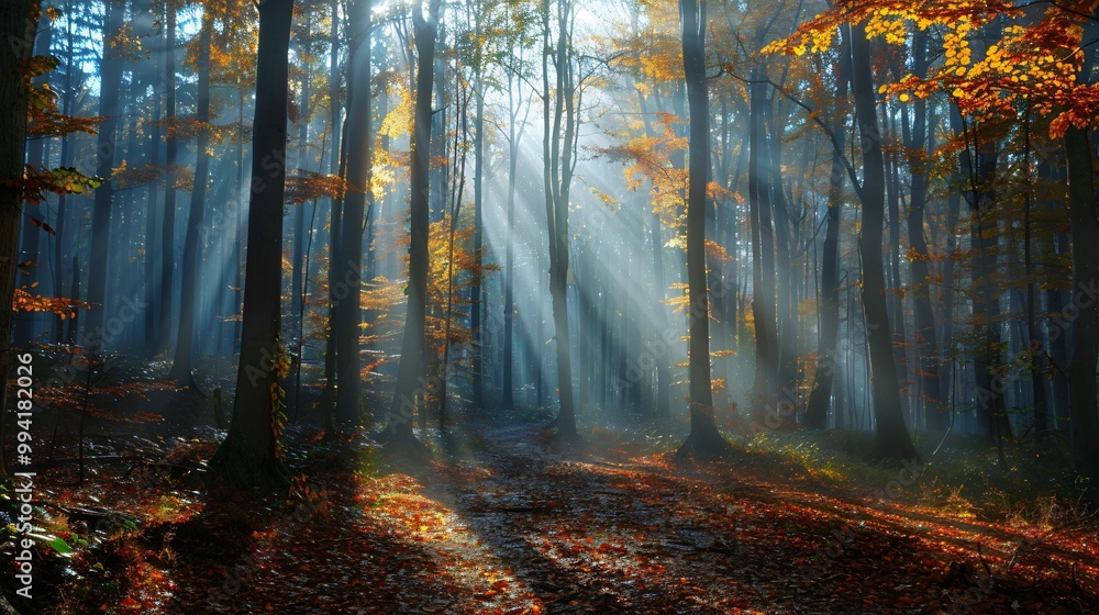 Fototapeta premium Autumn foggy forest with light rays