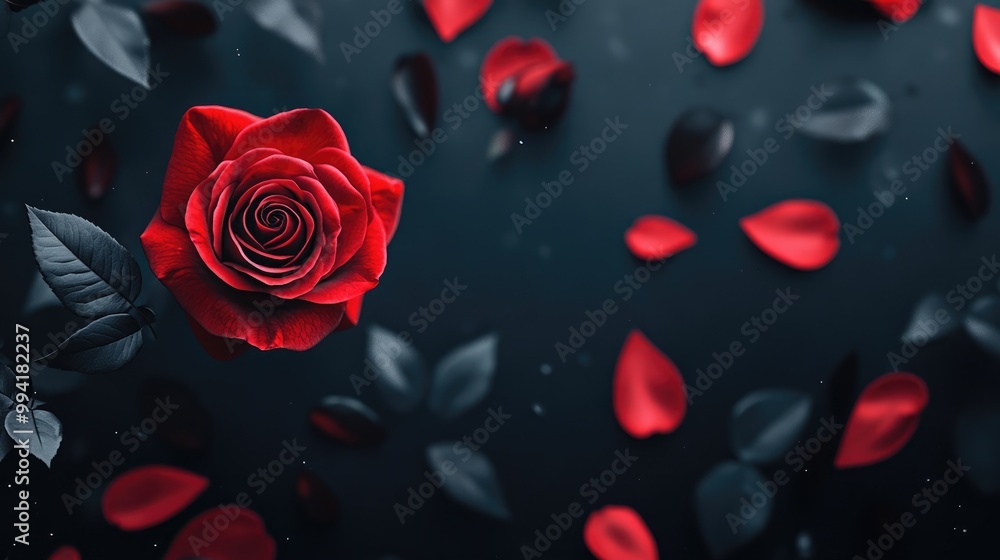 Red rose surrounded by floating leaves on a dark backdrop ideal for a romantic atmosphere or special occasion Wide banner design featuring roses Red rose surrounded by floating leaves on a dark backdrop ideal for a romantic atmosphere or special occasion Wide banner design featuring roses