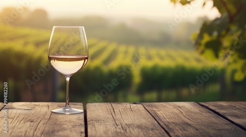 Wooden table surface featuring a glass of wine against a soft focus vineyard backdrop ideal for showcasing or presenting your products Winery and wine tasting theme