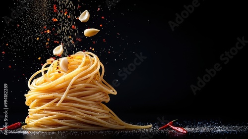 Pasta with garlic and spices, artistic culinary presentation on a dark background. photo