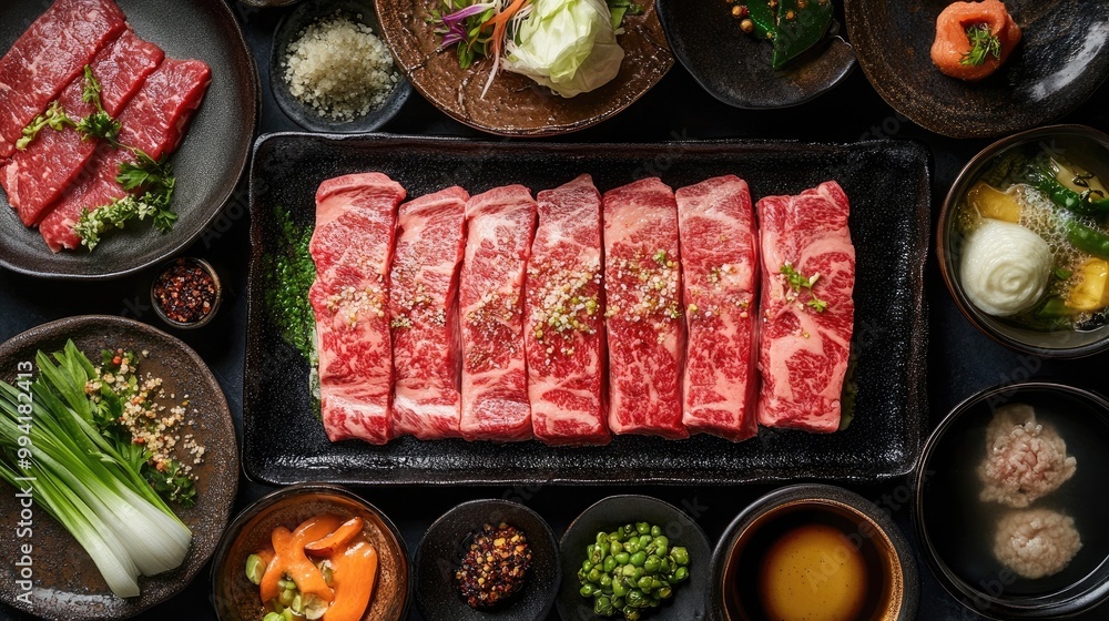 Mother s Day dinner featuring pink Wagyu beef presented from a top view Mother s Day dinner featuring pink Wagyu beef presented from a top view
