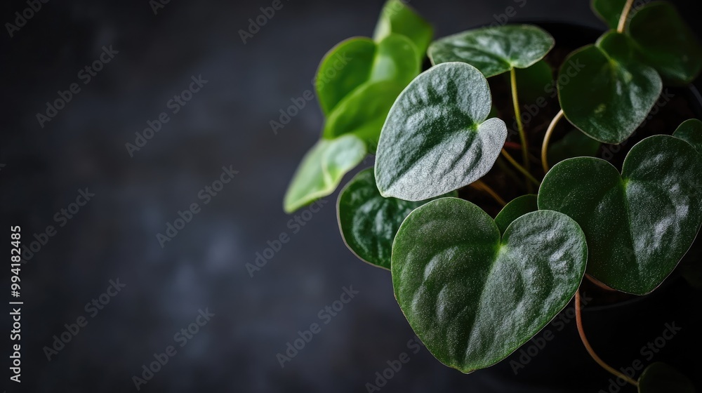 Close up of a houseplant with heart shaped velvety leaves on a dark background Close up of a houseplant with heart shaped velvety leaves on a dark background