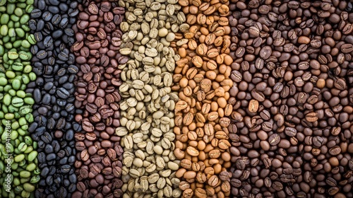 Vibrant display illustrating the different roasting stages of coffee beans ranging from unroasted green to rich dark roast