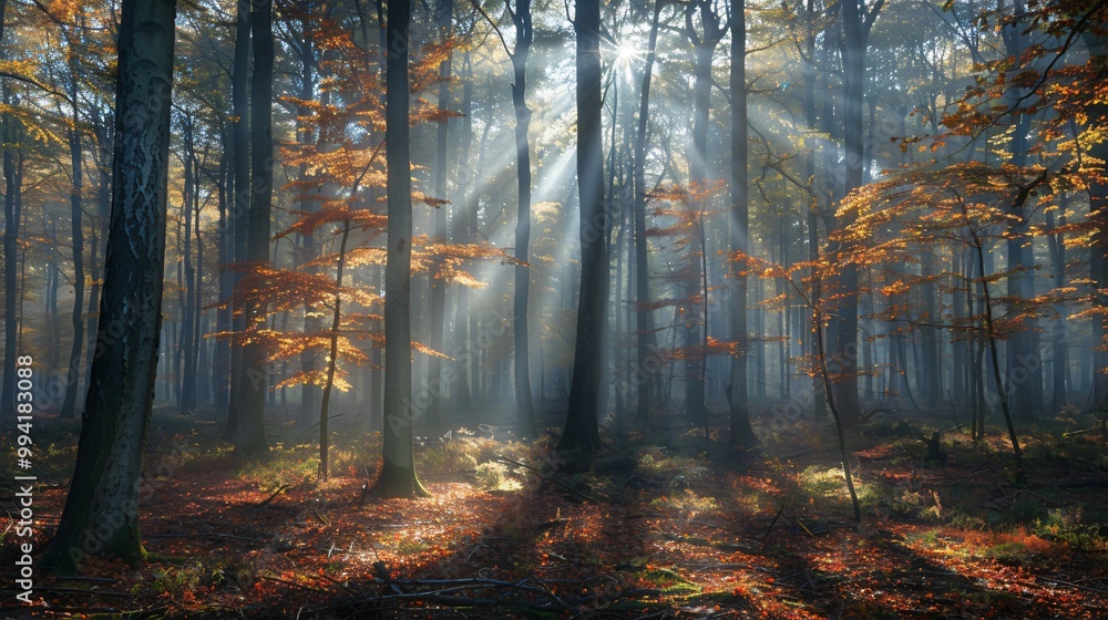 Fototapeta premium Autumn misty forest with light rays