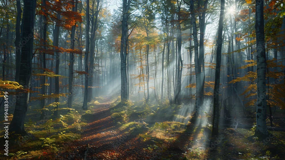 Fototapeta premium Autumn misty forest with light rays