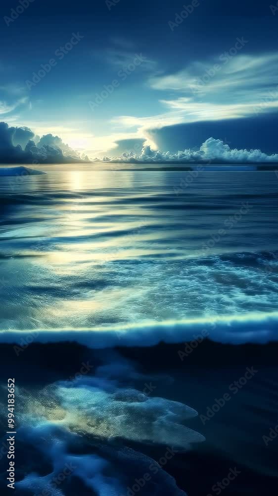 Vertical shot of calm, blue sea with gentle waves and clouds with sunlight on beach