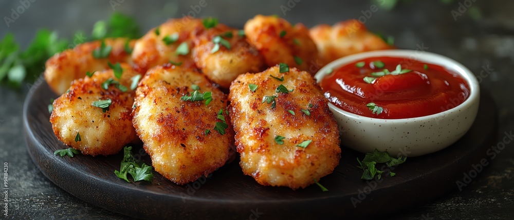 Chicken tenders with a side of ketchup, garnished with parsley Chicken tenders with a side of ketchup, garnished with parsley