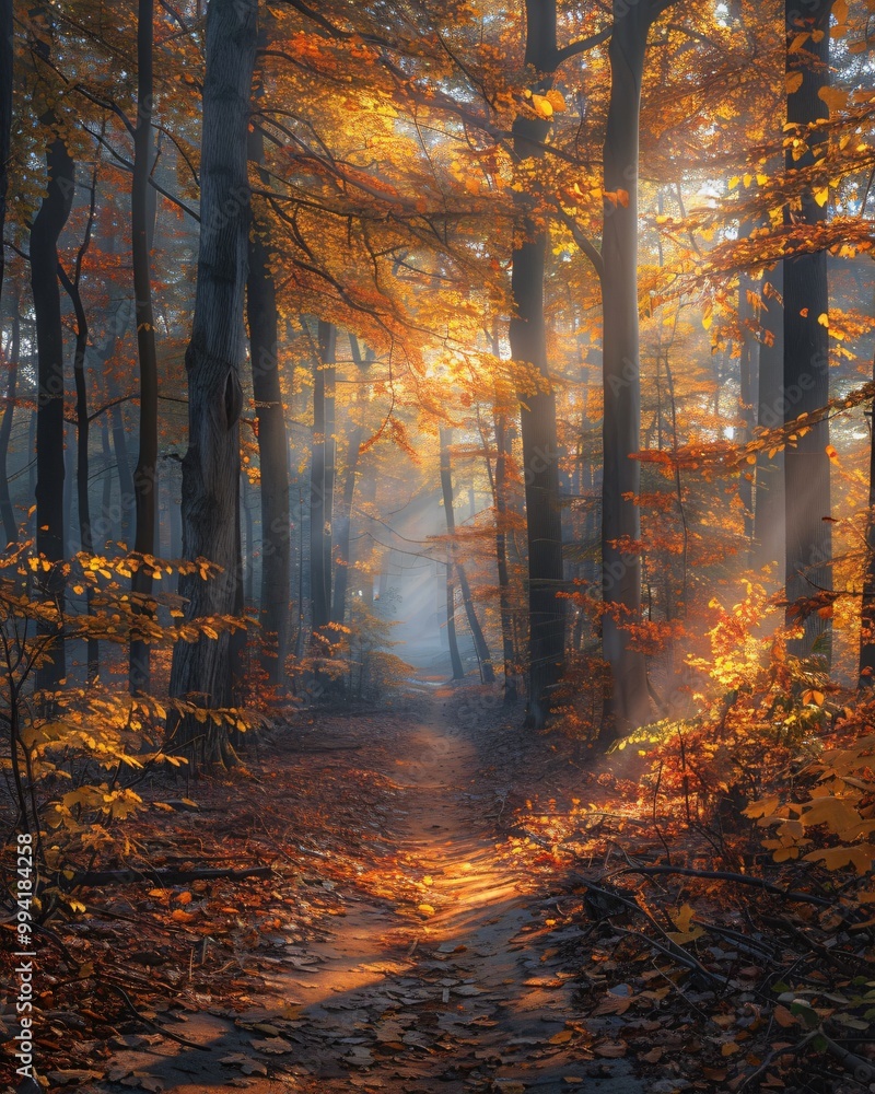 Autumn misty forest with light rays Autumn misty forest with light rays