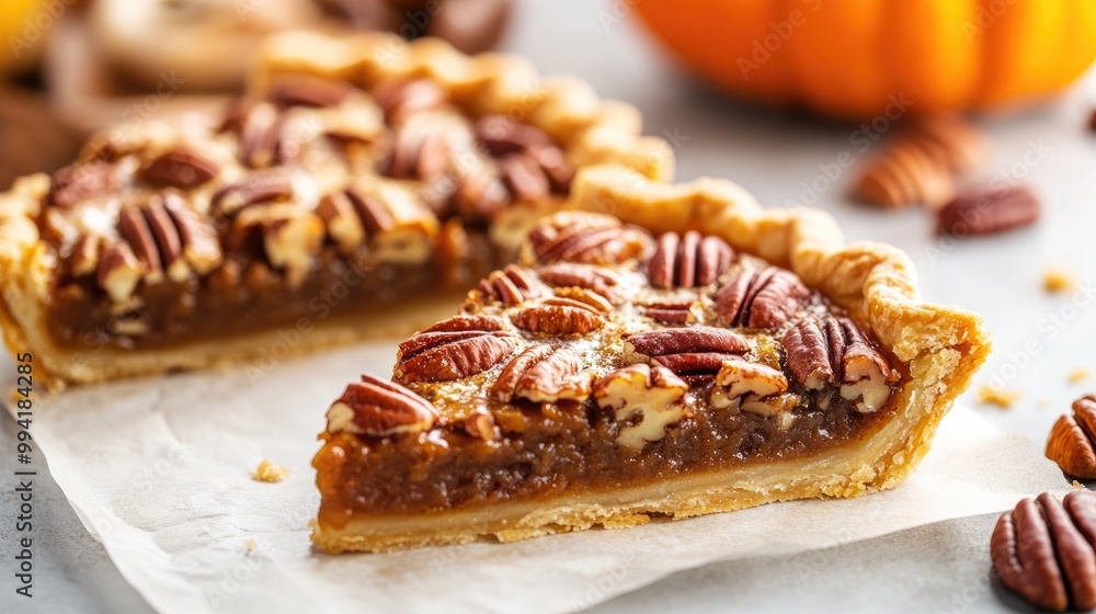 Slices of pumpkin and pecan pies placed on parchment paper for a festive celebration Slices of pumpkin and pecan pies placed on parchment paper for a festive celebration