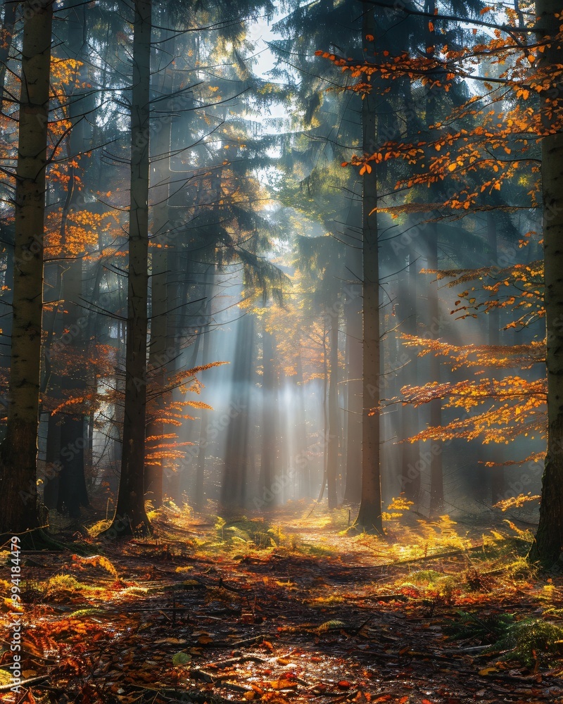 Fototapeta premium Autumn foggy forest with light rays