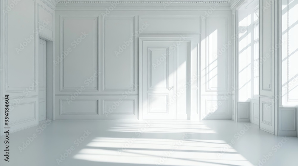 Fototapeta premium Minimalist interior of a vacant white room featuring posters and a door