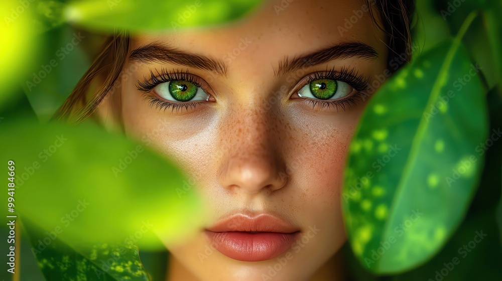 Closeup of a woman with green eyes, framed by vibrant leaves, set against a bright green background Closeup of a woman with green eyes, framed by vibrant leaves, set against a bright green background