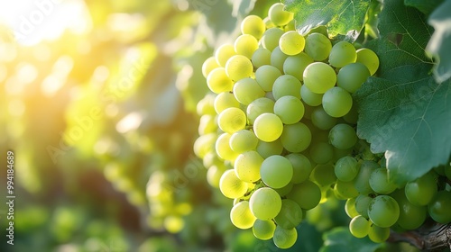 Closeup of green grape clusters hanging from a vine, sun softly illuminating the leaves