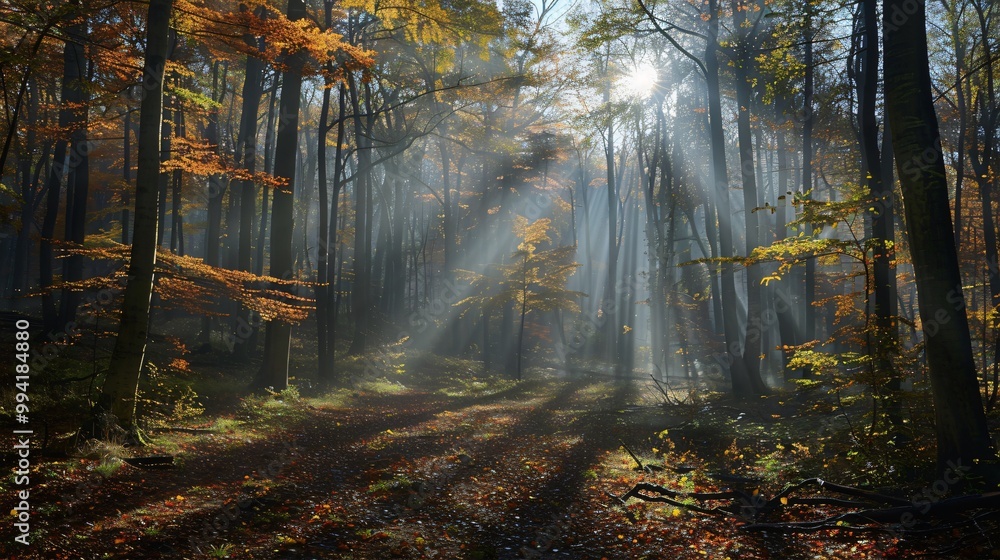 Obraz premium Autumn misty forest with light rays
