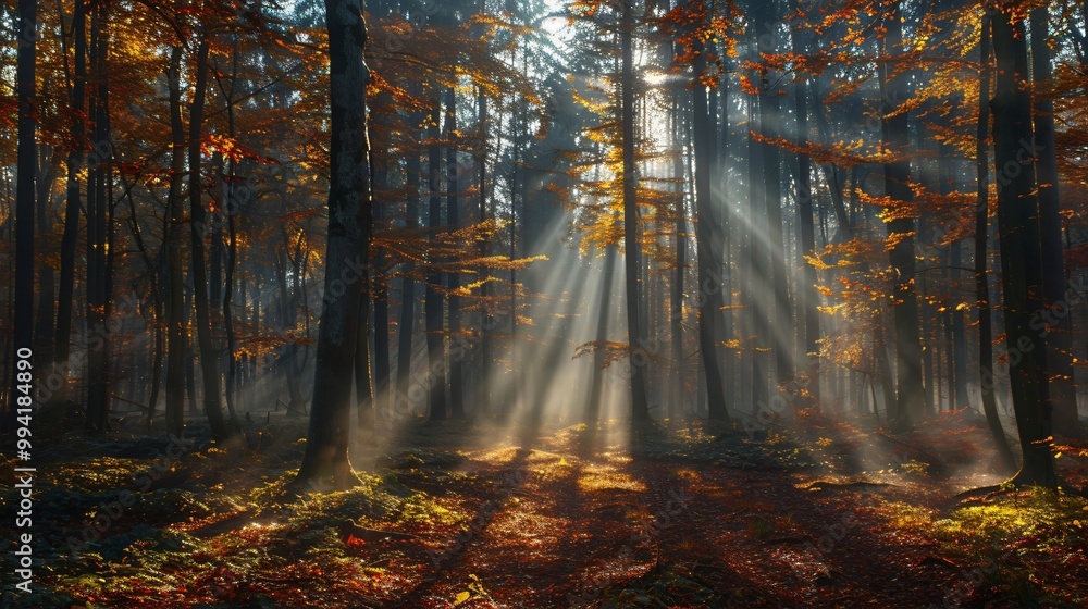 Fototapeta premium Autumn foggy forest with light rays